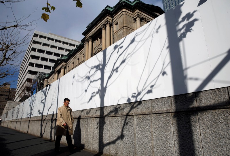 Man walks past the Bank of Japan building in Tokyo
