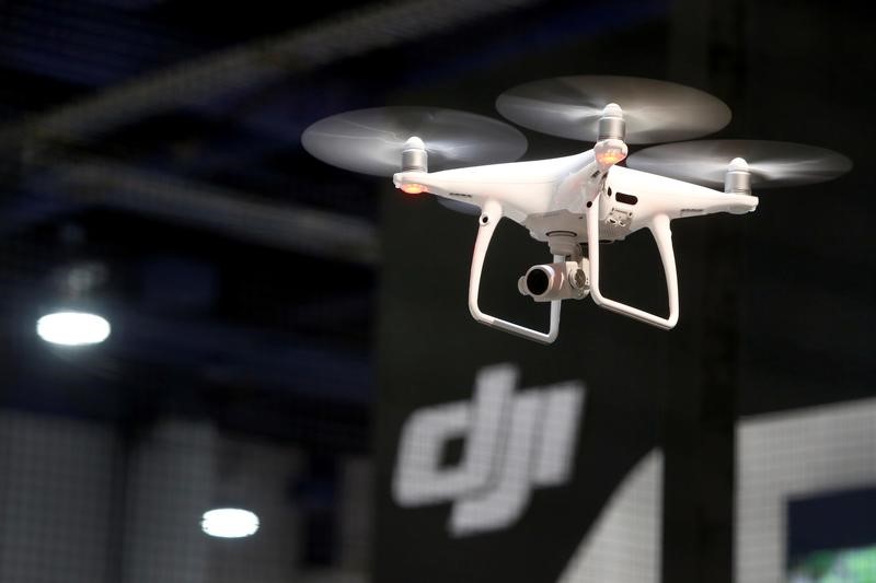 A DJI Phantom 4 Pro+ drone is shown during the 2017 CES in Las Vegas