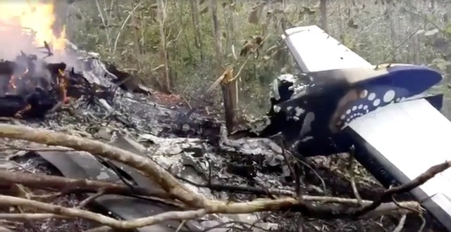 Wreckage in flames after a plane crashed in the mountainous area of Punta Islita, in the province of Guanacaste, in Costa Rica
