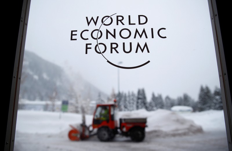 A logo is pictured on a window ahead of the World Economic Forum (WEF) annual meeting in Davos