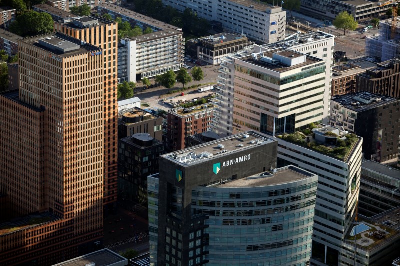 ABN AMRO bank is seen amongst other buildings in this aerial shot of the Zuidas area in Amsterdam