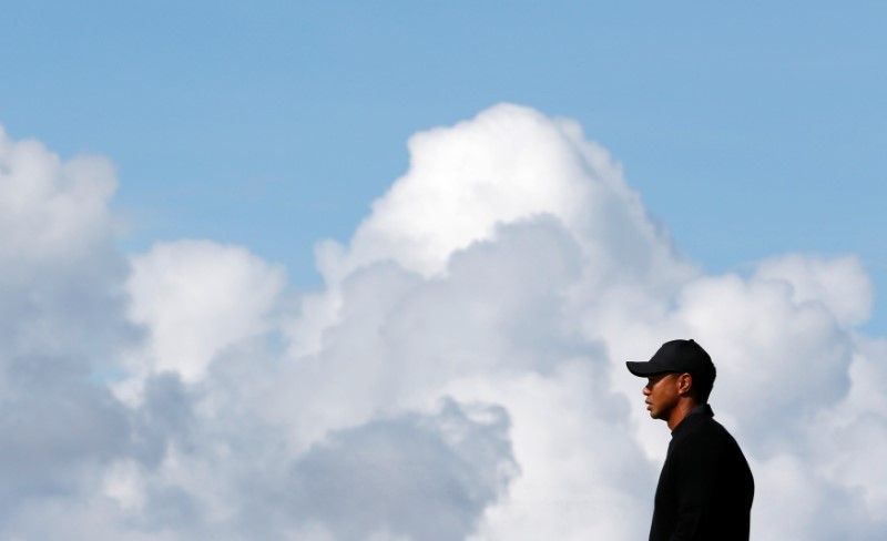 Tiger Woods of the U.S. stands on the green during a practice round ahead of the British Open Championship at the Royal Liverpool Golf Club in Hoylake