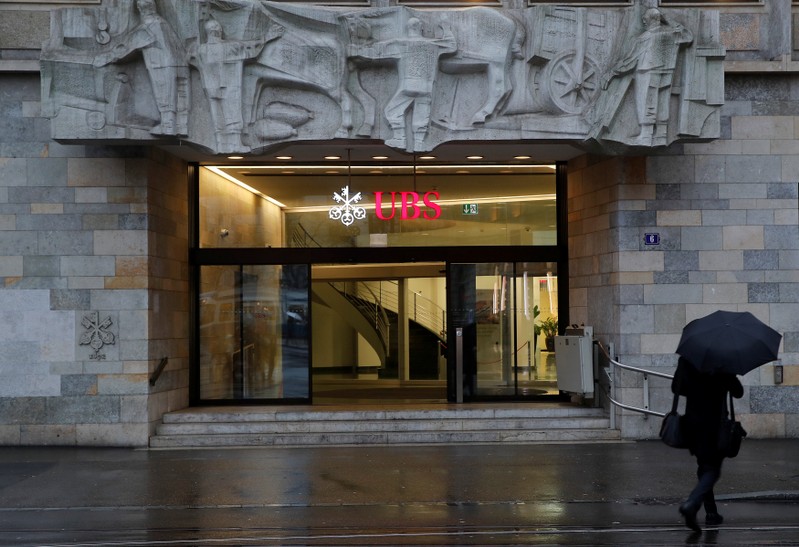 The logo of Swiss bank UBS is seen at a branch office in Zurich