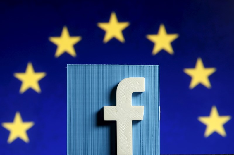 Picture illustration of 3D-printed Facebook logo in front of EU logo