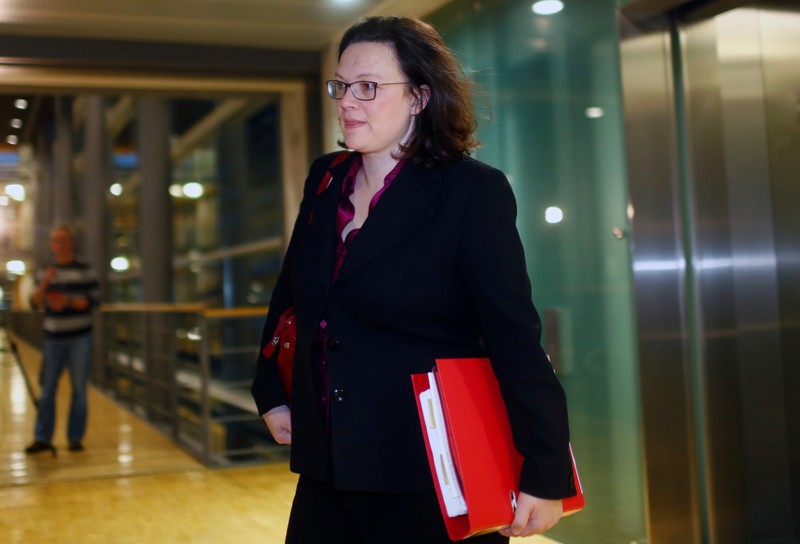 SPD parliamentary group leader Andrea Nahles arrives for talks to form a new government in Berlin