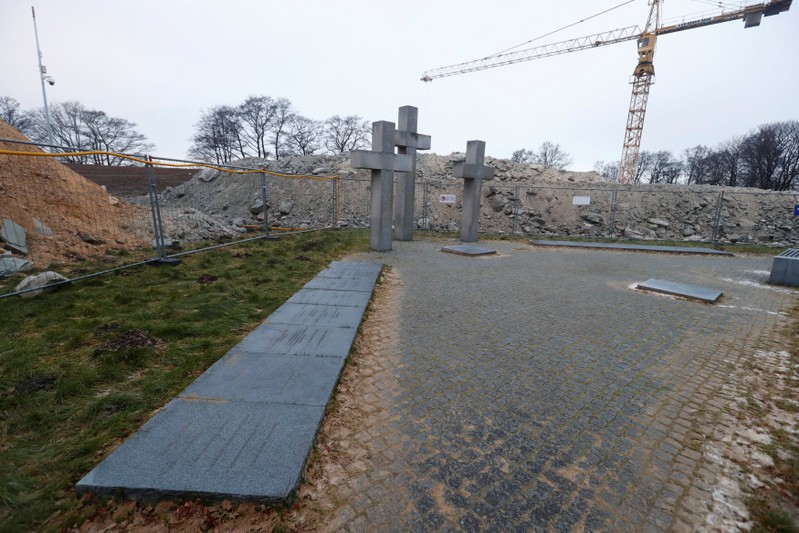 A memorial dedicated to WWII soldiers near the construction site where German WWII graves were found in Tallinn