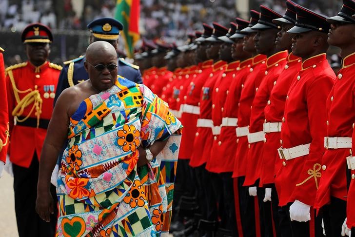 Ghana's President Nana Akufo-Addo inspects a military parade after the swearing in ceremony at Independence Square in Accra
