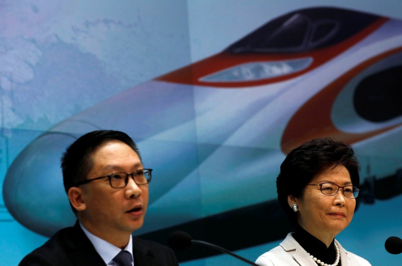 Hong Kong Chief Executive Carrie Lam and Secretary for Justice Rimsky Yuen attend a news conference on arrangements at West Kowloon Terminus for the Guangzhou-Shenzhen-Hong Kong Express Rail Link in Hong Kong