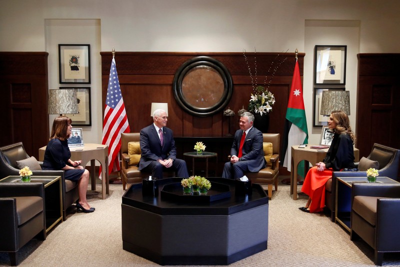 Jordan's King Abdullah, his wife Queen Rania, meet with U.S. Vice President Pence, and wife Karen, at the Royal Palace in Amman