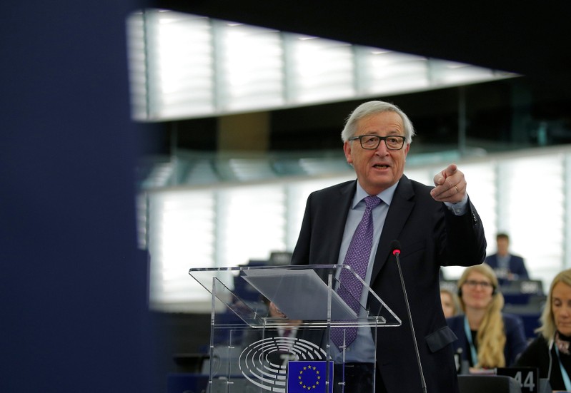 European Commission President Juncker delivers a speech during a debate on the outcome of the Estonian presidency of the E.U. for the last six months at the European Parliament in Strasbourg