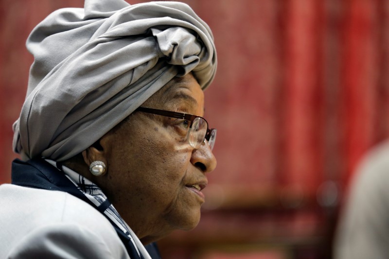 Liberia's President Ellen Johnson Sirleaf speaks during a news conference at the Presidential Palace in Monrovia