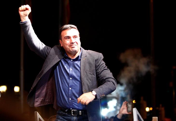 FILE PHOTO: Macedonia's SDSM leader and Prime Minister Zaev goes on stage to declare victory for the local elections in Skopje