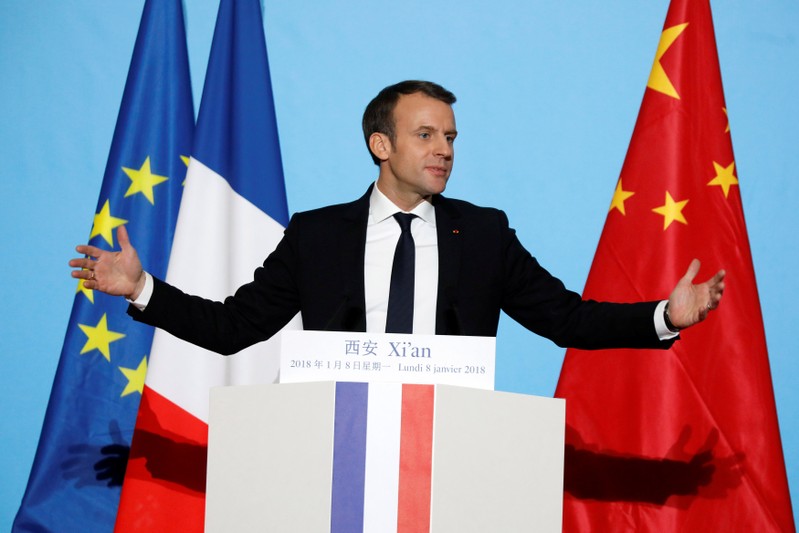 French President Emmanuel Macron delivers his speech at the Daming Palace in Xian, Shaanxi province, China