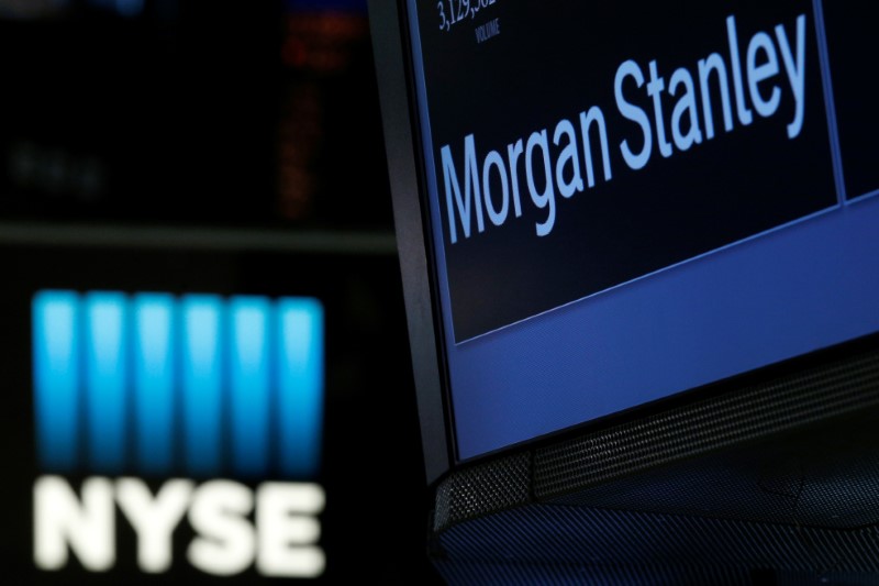 The Morgan Stanley logo is displayed at the post where it is traded on the floor of the NYSE in New York