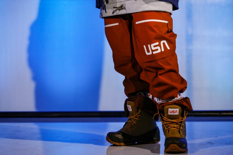 A U.S. freeskier unveils the official competition uniform designed by North Face for the U.S. Freeskiing Team at the Olympic Winter Games PyeongChang 2018 during an event in New York