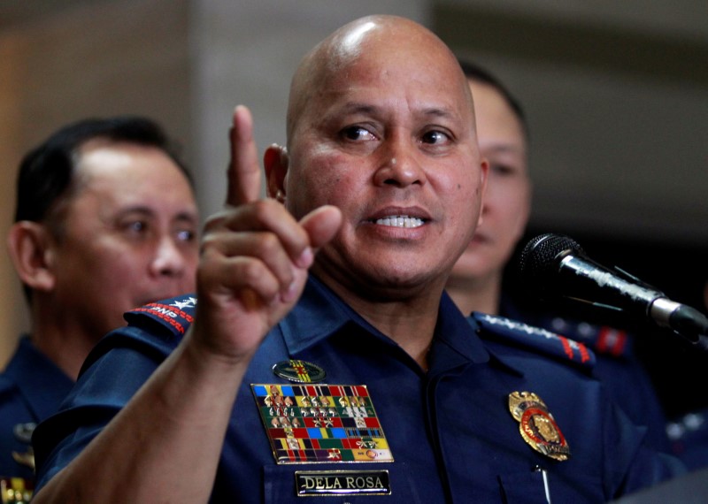 FILE PHOTO: Philippine National Police Director General Ronald Dela Rosa gestures during a news conference at the PNP headquarters in Quezon