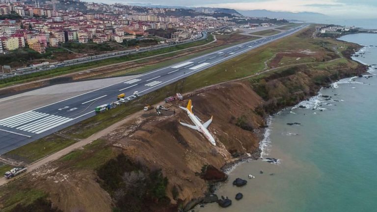 Plane in Turkey overshoots icy runway, stops on Black Sea cliff