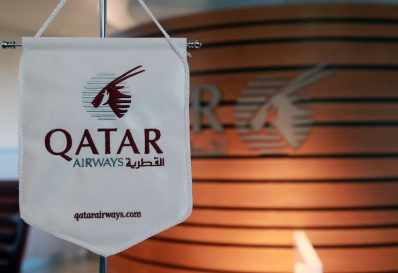 A logo of Qatar Airways is seen at Hamad International Airport in Doha