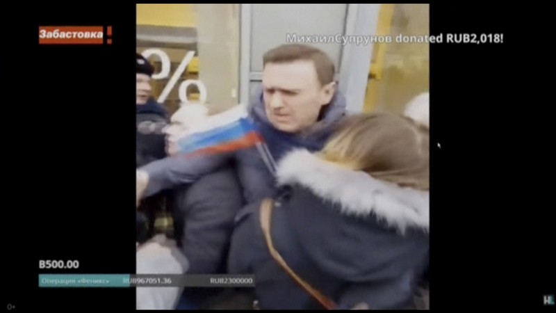 A still image shows Russian opposition leader Navalny being detained by Interior Ministry members during a rally in Moscow