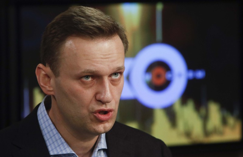 Russian opposition leader Alexei Navalny speaks in the studio of the radio station Echo of Moscow in Moscow