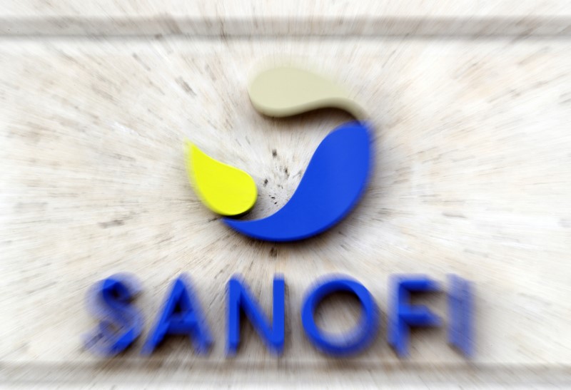 French multinational pharmaceutical company SANOFI logo seen at their headquater in Paris