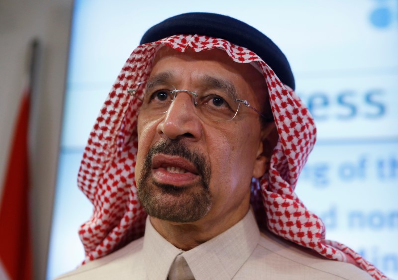 Saudi Arabia's Oil Minister al-Falih talks to journalists after a news conference after an OPEC meeting in Vienna