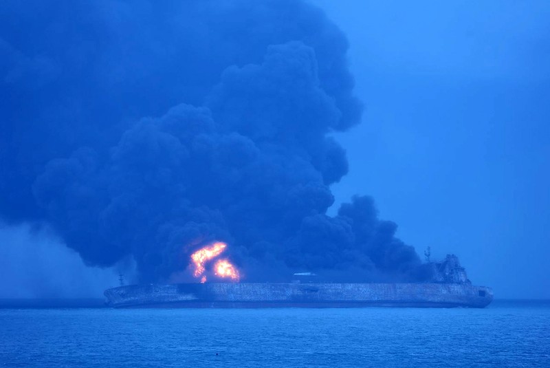 Panama-registered Sanchi tanker is seen ablaze in open waters after colliding with a Chinese bulk ship