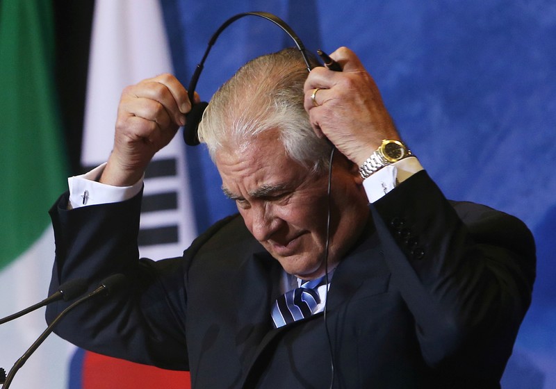 U.S. Secretary of State Rex Tillerson removes his headphones used for translation during a news conference during the Foreign Ministers’ Meeting on Security and Stability on the Korean Peninsula in Vancouver, British Columbia