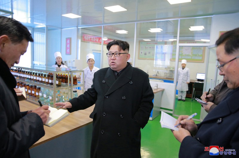 KCNA picture of North Korean leader Kim Jong Un giving field guidance at the Pyongyang Pharmaceutical Factory