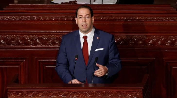 Tunisia's Prime Minister Youssef Chahed speaks at the Assembly of People's Representatives in Tunis