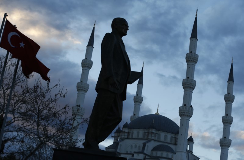 A statue of modern Turkey's founder Ataturk and a mosque in the background are pictured in a square where Turkish Prime Minister Erdogan is to attend an election rally of his of ruling AK Party (AKP) in Kirikkale, central Turkey
