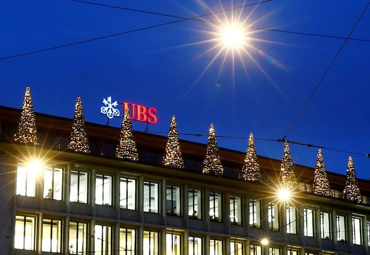 FILE PHOTO: Christmas decorations are seen at the building of Swiss bank UBS in Zurich
