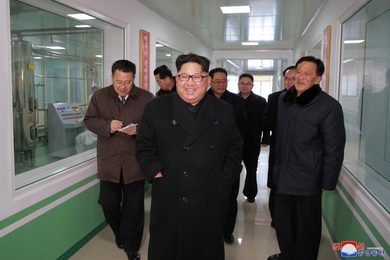 KCNA picture of North Korean leader Kim Jong Un giving field guidance at the Pyongyang Pharmaceutical Factory