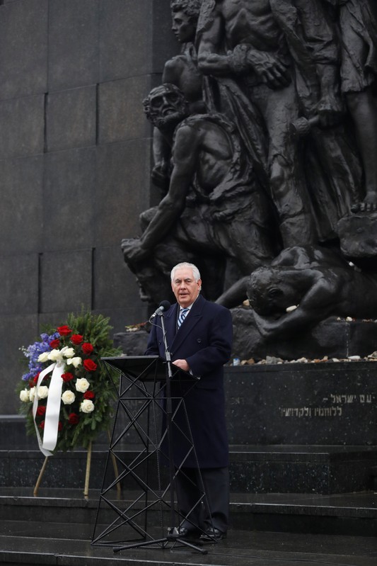 U.S. Secretary of State Rex Tillerson speaks at the Warsaw Ghetto monument in Warsaw