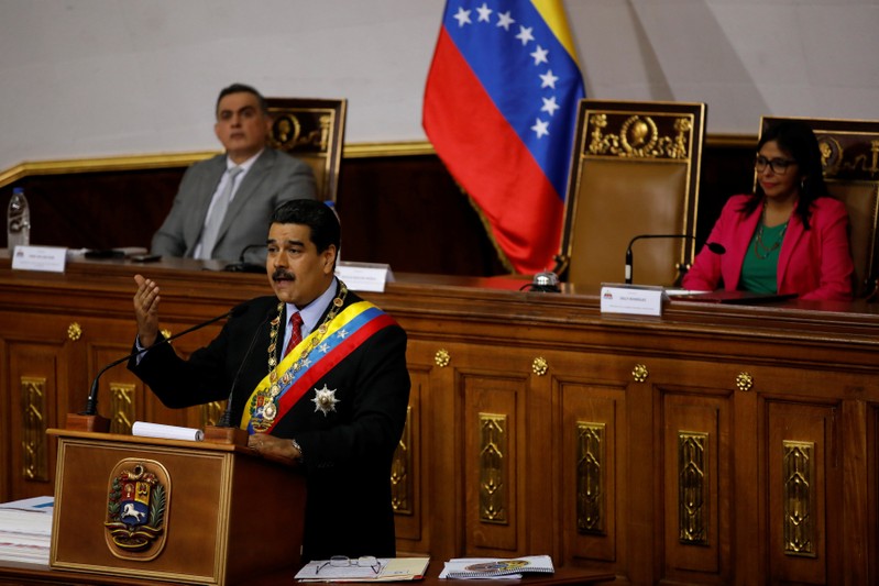 Venezuela's President Maduro speaks in front of National Constituent Assembly President Rodriguez and Venezuela's Chief Prosecutor Saab during a special session of the National Constituent Assembly in Caracas