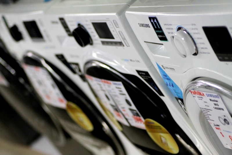 Samsung washing machines are seen in a store in Singapore