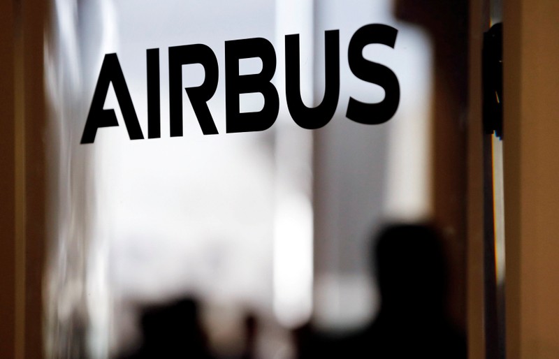 FILE PHOTO: An Airbus logo pictured during delivery of the new Airbus A380 aircraft to Singapore Airlines at Airbus's headquarters in Colomiers, France