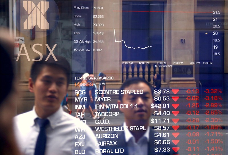 Pedestrians are reflected in a window displaying stock prices at the Australian Securities Exchange in Sydney