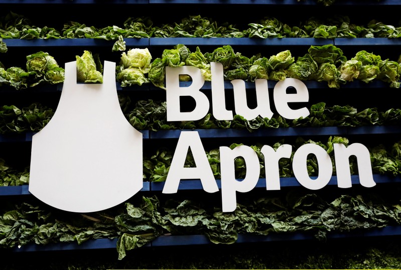 FILE PHOTO: The Blue Apron logo is pictured ahead of the company's IPO on the New York Stock Exchange in New York,