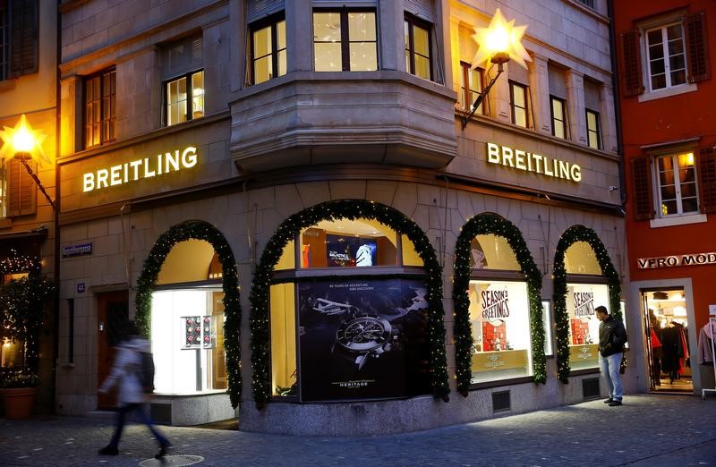 Christmas decorations are seen at a Breitling watch store in Zurich