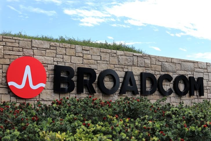 A sign to the campus offices of chip maker Broadcom Ltd, who announced on Monday an unsolicited bid to buy peer Qualcomm Inc for $103 billion, is shown in Irvine, California