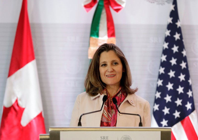 Canadian Foreign Minister Chrystia Freeland gestures during a joint news conference with Mexican Foreign Minister Luis Videgaray and U.S. Secretary of State Rex Tillerson in Mexico City