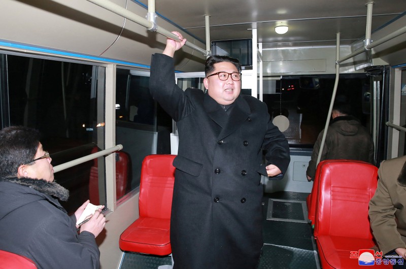North Korean leader Kim Jong Un is seen during the trial of a tramway