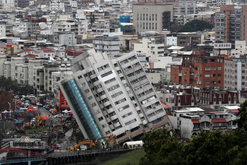 A damaged damaged building is seen after an earthquake hit Hualien
