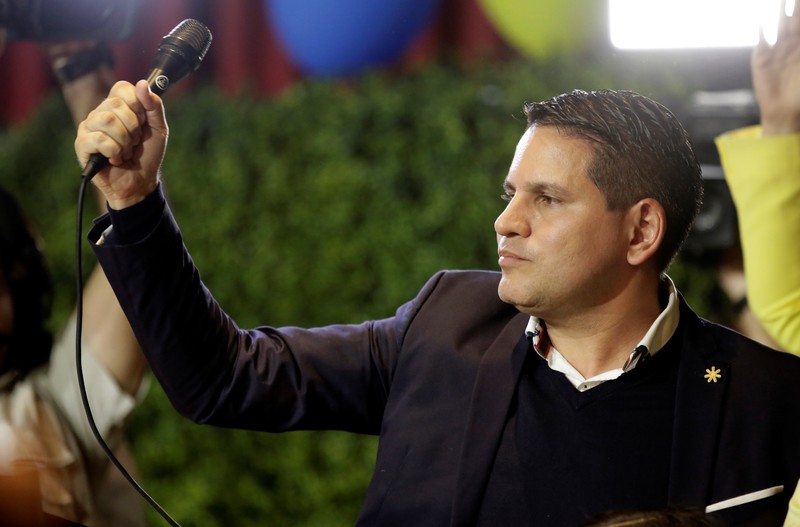 Fabricio Alvarado, presidential candidate of the National Restoration party (PRN), gestures during a rally after Costa Rica's presidential election in San Jose