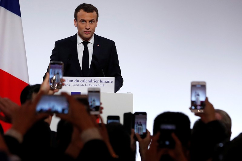 French President Emmanuel Macron delivers a speech to members of France's Chinese community to mark Chinese New Year, at the Elysee Palace in Paris,