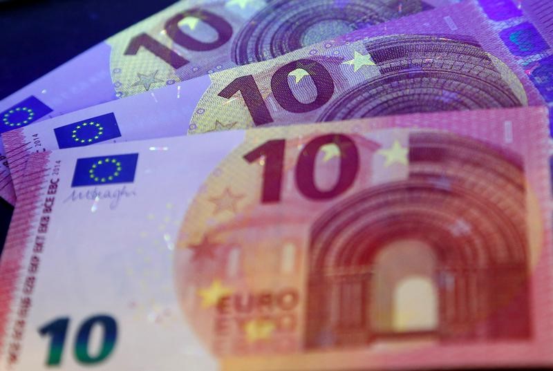 FILE PHOTO: 10 Euro banknotes are pictured under ultraviolet light at the headquarters of Bundesbank in Frankfurt