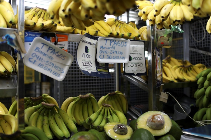 Information for Vippo app and other methods of payment is seen in a fruit and vegetables stall at Chacao Municipal Market in Caracas