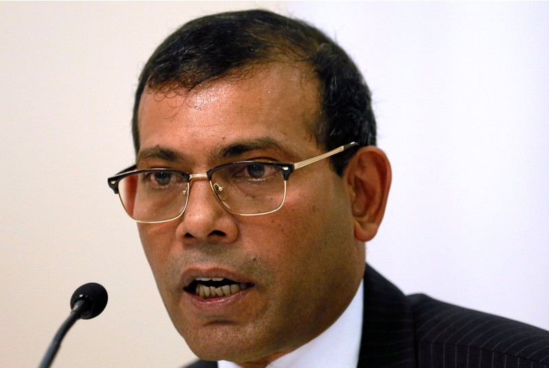Maldives' former president Nasheed speaks during news conference in Colombo