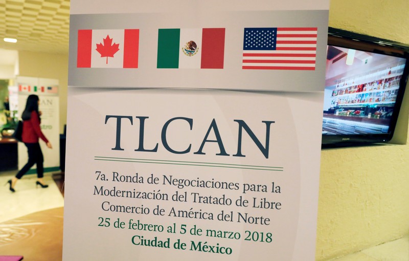 FILE PHOTO: NAFTA banner is pictured inside a hotel where the seventh round of NAFTA talks involving the United States, Mexico and Canada takes place, in Mexico City